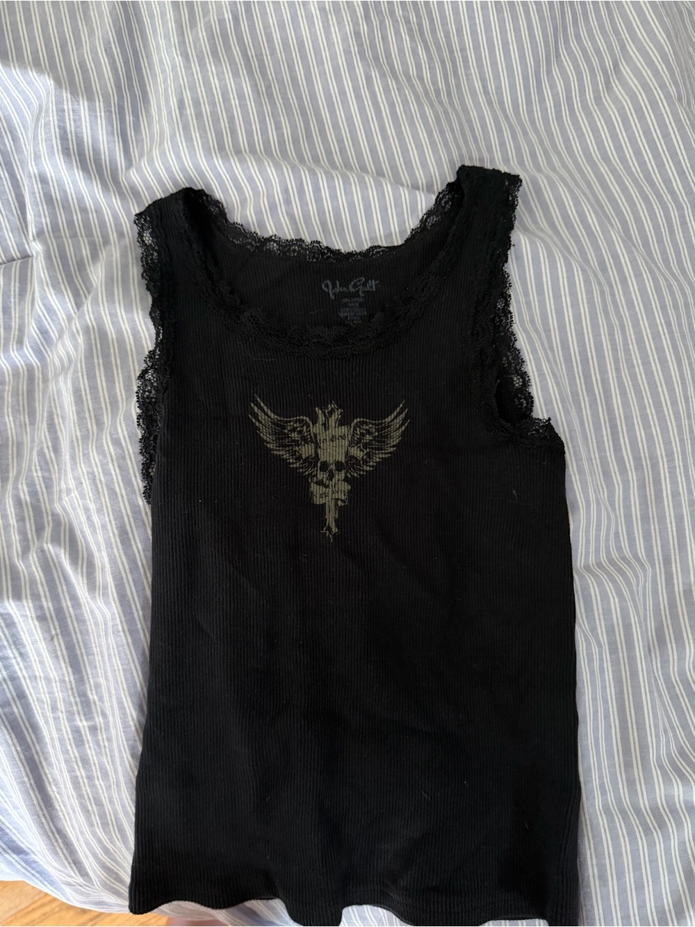 Brandy Melville Black Ribbed Lace-Trim Tank with Gold Winged Skull Graphic